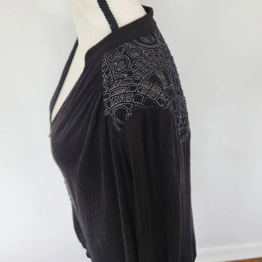 FREE PEOPLE Canyon Rose Embroidered Boho Hi Lo Blouse Black Whimsigoth Grunge XS